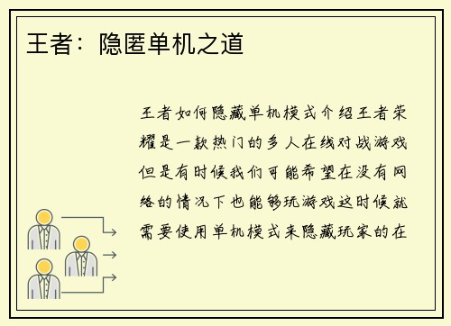 王者：隐匿单机之道